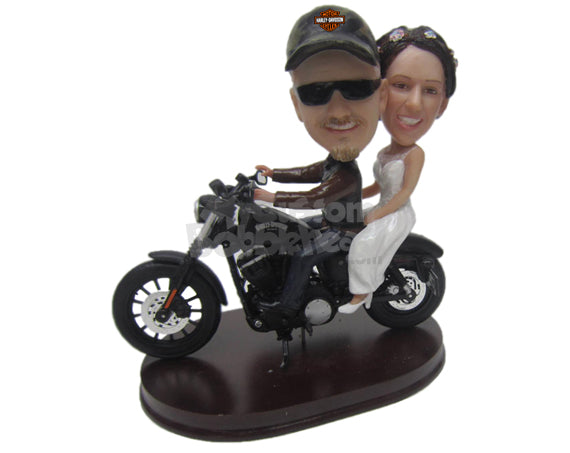 Custom Bobblehead Classy Wedding Couple Riding On A Bike - Wedding & Couples Couple Personalized Bobblehead & Cake Topper