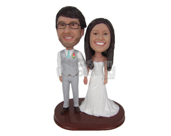 Custom Bobblehead Cheerful Wedding Couple Holding Hands - Wedding & Couples Bride & Groom Personalized Bobblehead & Cake Topper