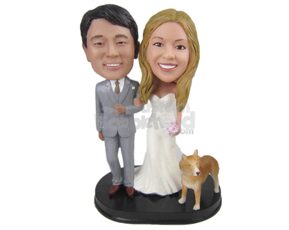 Custom Bobblehead Wedding Couple In Wedding Attire With Their Beloved Pet - Wedding & Couples Bride & Groom Personalized Bobblehead & Cake Topper