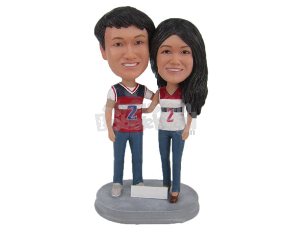 Classy Couple Wearing T-Shirts and Jeans Personalized Bobblehead