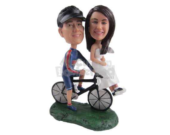 Custom Bobblehead Cycling Groom And Classic Bride On A Fast Bicycle - Wedding & Couples Couple Personalized Bobblehead & Cake Topper