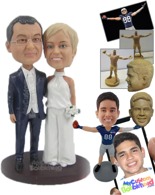 Happily Married Couple in Wedding Attire with a Bouquet in Hand Personalized Bobblehead