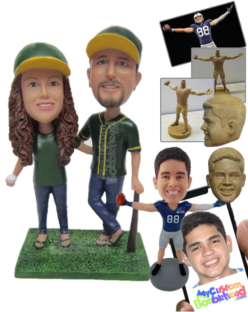 Baseball Fan Couple Posing for Pictures Personalized Bobblehead