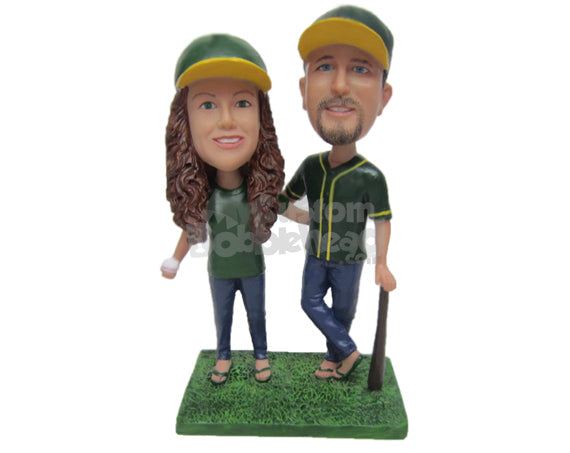 Custom Bobblehead Baseball Fan Couple Posing For Pictures - Wedding & Couples Couple Personalized Bobblehead & Cake Topper