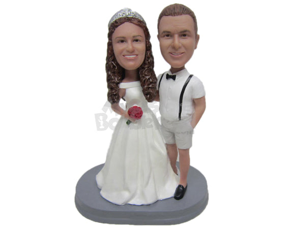 Custom Bobblehead Groom In Shorts And Suspenders And Bride In Wedding Gown - Wedding & Couples Bride & Groom Personalized Bobblehead & Cake Topper