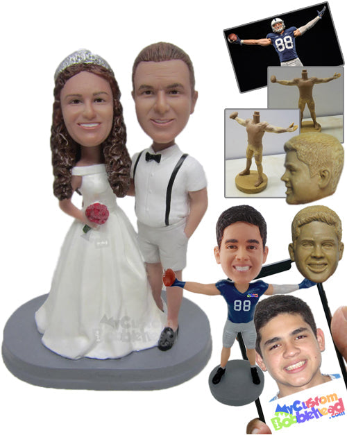 Groom in Shorts and Suspenders and Bride in Wedding Gown Personalized Bobblehead