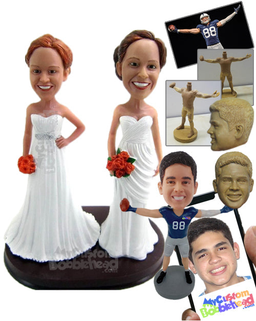 Lesbian Same-Sex Couple at Their Wedding Wearing Gowns with Bouquet in Hand Personalized Bobblehead