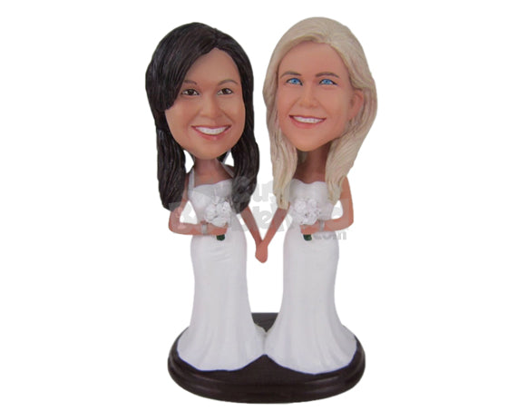 Custom Bobblehead Gorgeous Lesbian Same Sex Couple Holding Hands In Their Wedding Attire - Wedding & Couples Same Sex Personalized Bobblehead & Cake Topper