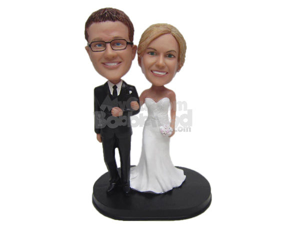 Custom Bobblehead Charming Couple In Wedding Attire Holding Each Others Hands - Wedding & Couples Bride & Groom Personalized Bobblehead & Cake Topper