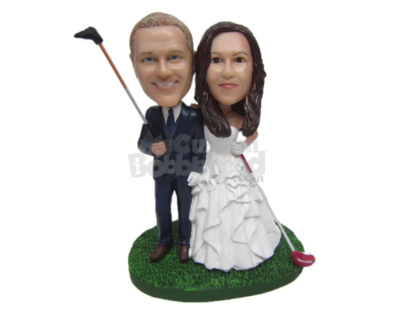 Custom Bobblehead Golf Loving Wedding Couple In Wedding Outfit With A Golf Clubs In Hand - Wedding & Couples Bride & Groom Personalized Bobblehead & Cake Topper