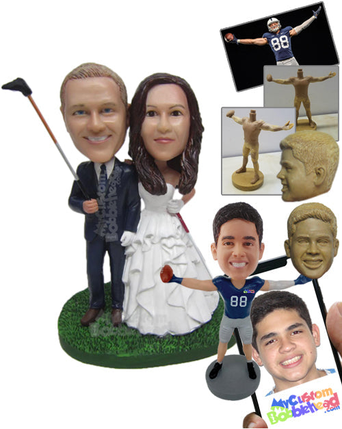 Golf Loving Wedding Couple in Wedding Outfit with Golf Clubs in Hand Personalized Bobblehead