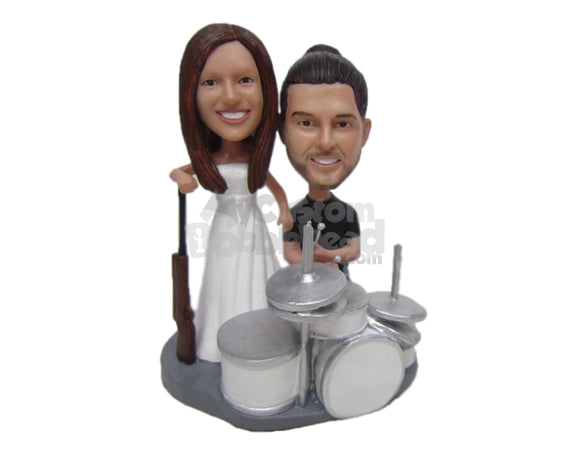 Drummer Groom and Hunter Bride Wedding Couple Personalized Bobblehead