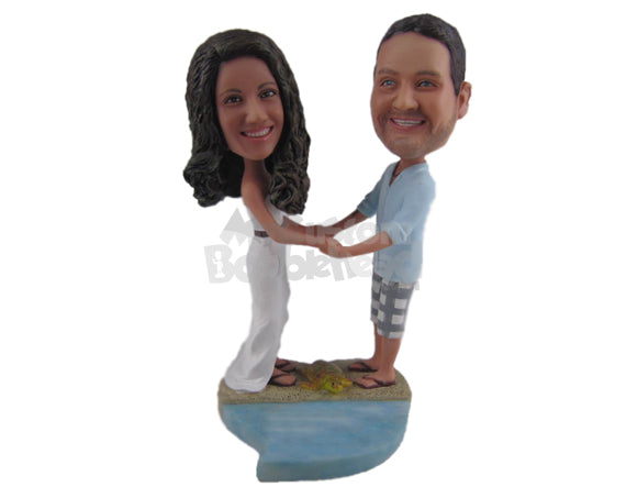 Custom Bobblehead Beach Themed Wedding Couple In Shorts And Gown - Wedding & Couples Couple Personalized Bobblehead & Cake Topper