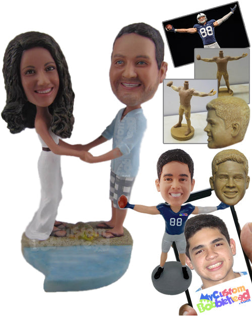 Beach Themed Wedding Couple in Shorts and Gown Personalized Bobblehead