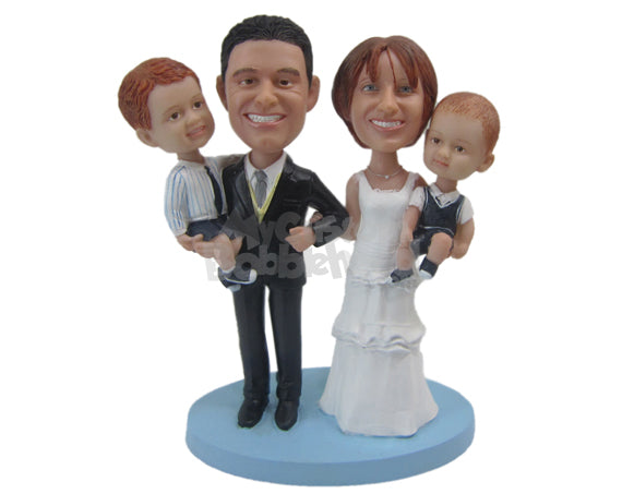 Custom Bobblehead Bride, Groom And 2 Kids Wedding Design - Wedding & Couples Bride & Groom Personalized Bobblehead & Cake Topper