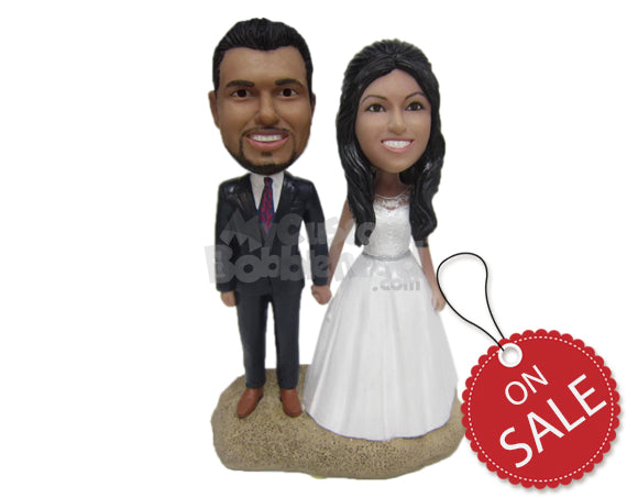 Custom Bobblehead Attractive Wedding Couple In Wedding Attire Holding Hands - Wedding & Couples Bride & Groom Personalized Bobblehead & Cake Topper