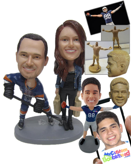 Hockey and Shopping Loving Couple in Sports and Casual Outfits Personalized Bobblehead