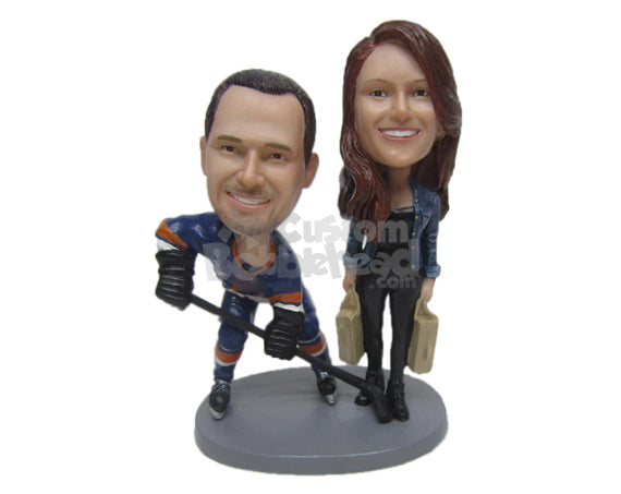 Hockey and Shopping Loving Couple in Sports and Casual Outfits Personalized Bobblehead