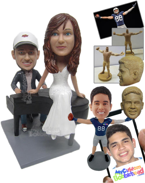 Piano Player Groom in Jacket and Formal Bride in Gown Personalized Bobblehead