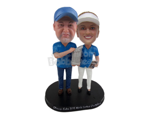 Custom Bobblehead Baseball Champion Proud Couple Holding Major League Trophy - Wedding & Couples Couple Personalized Bobblehead & Cake Topper