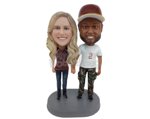 Stylish Couple Wearing T-Shirts and Jeans Personalized Bobblehead