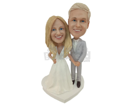 Custom Bobblehead Lovely Wedding Couple In Wedding Attire Ready For A Photograph - Wedding & Couples Bride & Groom Personalized Bobblehead & Cake Topper