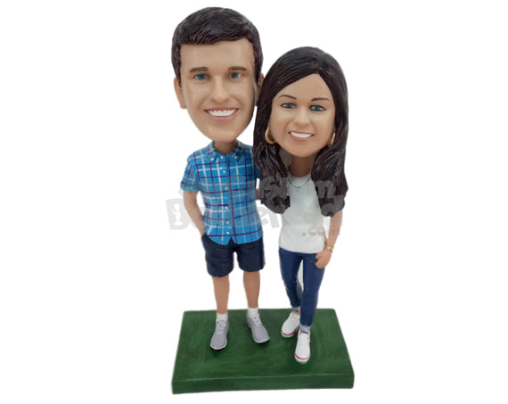 Custom Bobblehead Classy Couple Wearing Casual Outfit - Wedding & Couples Couple Personalized Bobblehead & Cake Topper