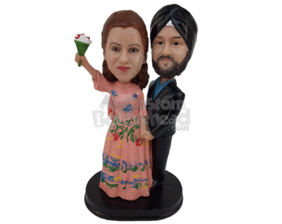 Custom Bobblehead Indian Wedding Couple In Classic Punjabi Wedding Outfit With A Bouquet - Wedding & Couples Bride & Groom Personalized Bobblehead & Cake Topper