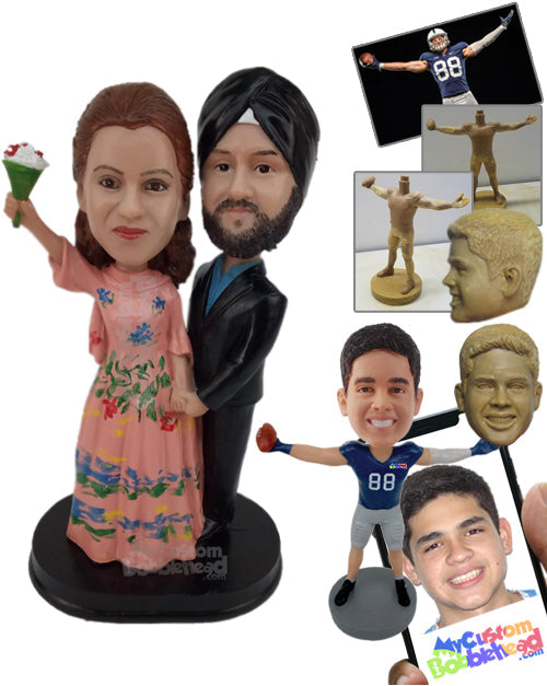 Indian Wedding Couple in Classic Punjabi Wedding Outfit with a Bouquet Personalized Bobblehead