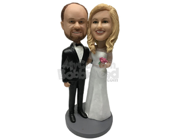 Custom Bobblehead Wedding Couple In Traditional Wedding Outfit Holding A Bouquet - Wedding & Couples Bride & Groom Personalized Bobblehead & Cake Topper