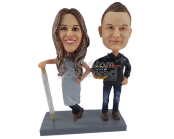 Custom Bobblehead Female Chef Posing With Car Racing Lover Boy - Wedding & Couples Couple Personalized Bobblehead & Cake Topper