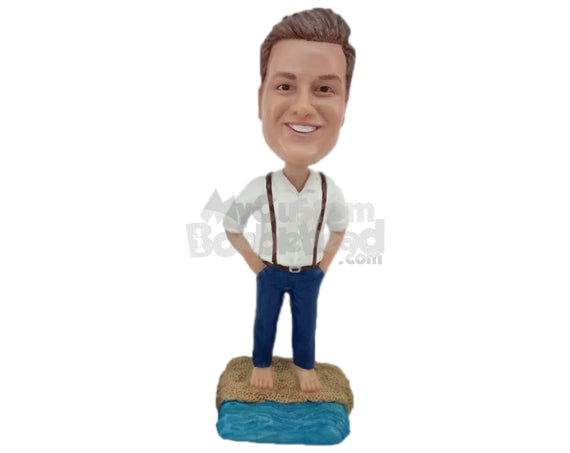 Custom Bobblehead Wedding Best Man At A Beach Wearing Suspenders - Wedding & Couples Groomsman & Best Men Personalized Bobblehead & Cake Topper