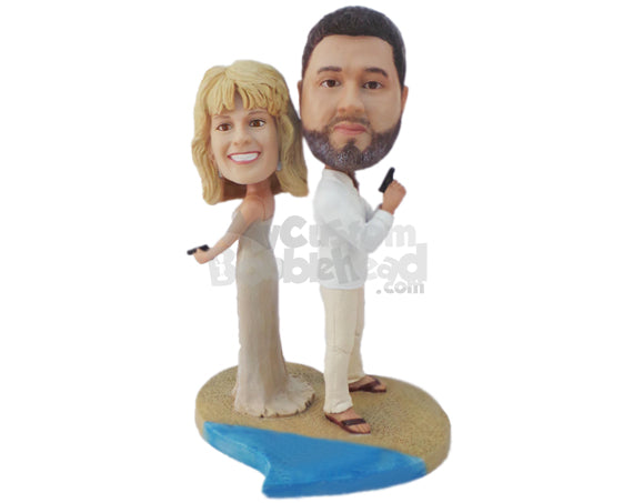 Custom Bobblehead Wedding Destination James Bond Wedding Couple Holding Guns - Wedding & Couples Bride & Groom Personalized Bobblehead & Cake Topper