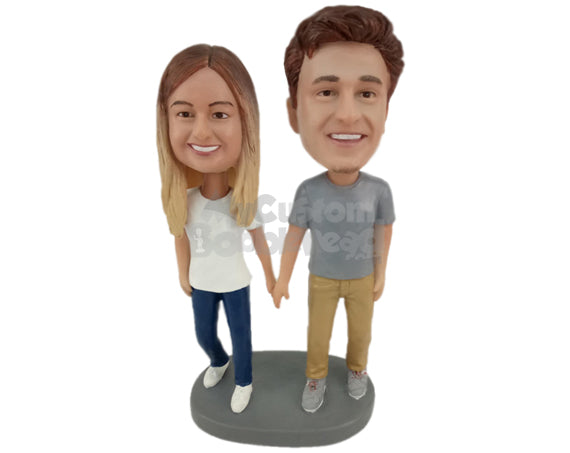 Lovely Couple Holding Hands Wearing Casual Outfit Personalized Bobblehead