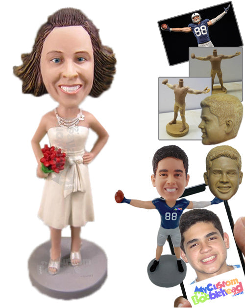 Bride in Her Wedding Outfit with a Bouquet in Hand Personalized Bobblehead