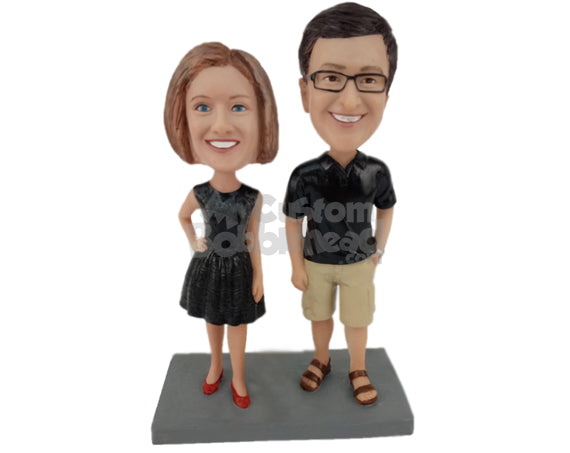 Custom Bobblehead Classy Couple Modeling Wearing Casual Attire - Wedding & Couples Couple Personalized Bobblehead & Cake Topper