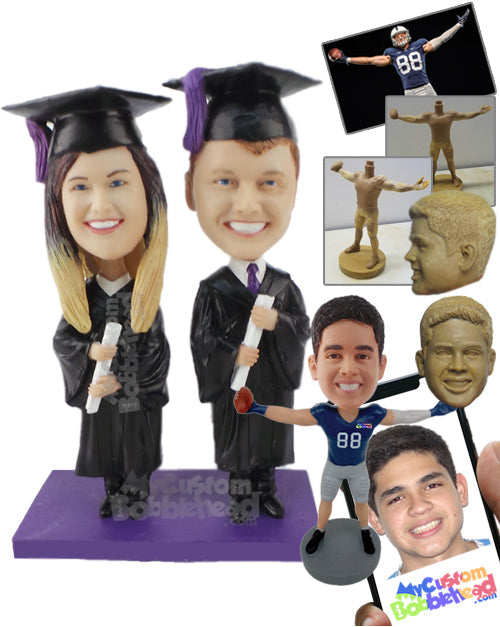 Proud Graduate Couple Wearing Cap and Gowns and Holding their Certificates Personalized Bobblehead