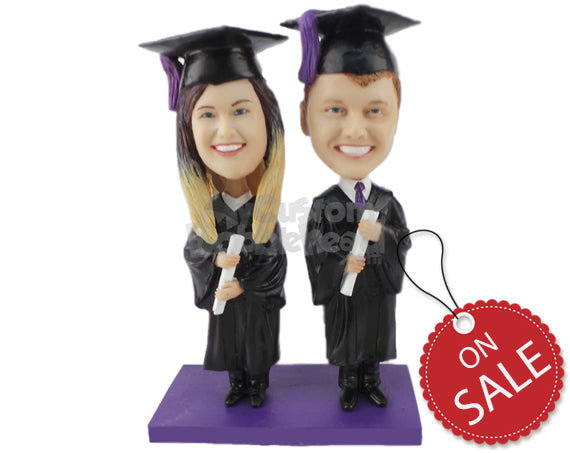 Custom Bobblehead Proud Graduate Couple Wearing Cap And Gowns And Holding Their Certificates - Wedding & Couples Couple Personalized Bobblehead & Cake Topper