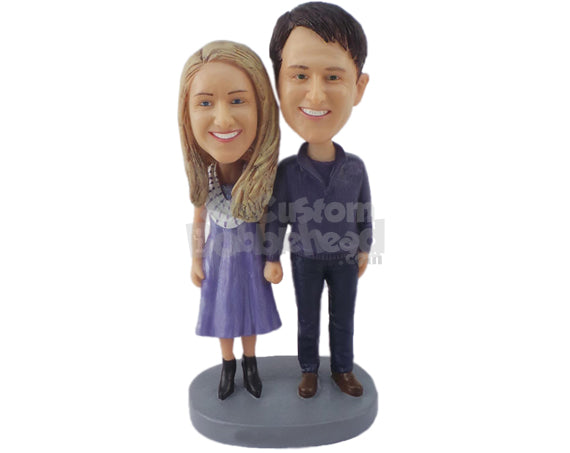 Custom Bobblehead Cute Couple Wearing Casual Outfits Ready To Go The Distance Holding Each Others Hand - Wedding & Couples Bride & Groom Personalized Bobblehead & Cake Topper