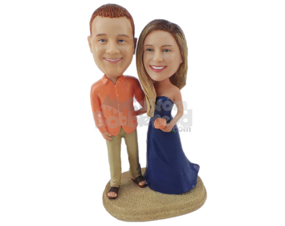 Custom Bobblehead Beach Wedding Themed In Semi Formal Attire - Wedding & Couples Couple Personalized Bobblehead & Cake Topper