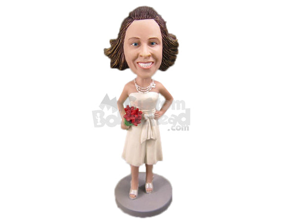 Custom Bobblehead Bride In Her Wedding Outfit With A Bouquet In Hand - Wedding & Couples Brides Personalized Bobblehead & Cake Topper