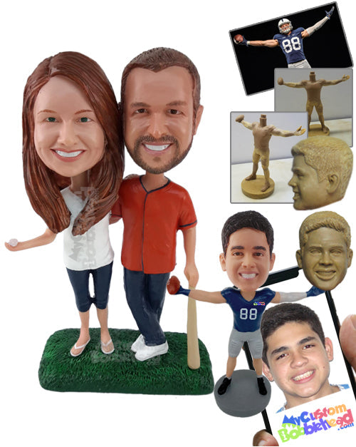 Cozy Couple Standing on Baseball Field Dressed Casually Personalized Bobblehead