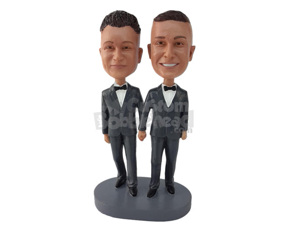 Custom Bobblehead Duo Ready To Live Their Life Together, Wearing Similar Smart Suits - Wedding & Couples Same Sex Personalized Bobblehead & Cake Topper