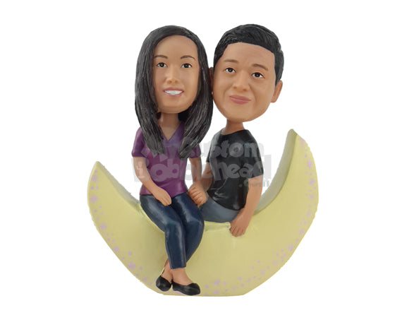 Custom Bobblehead Couple Holding Hands And Sitting On A Moon - Wedding & Couples Couple Personalized Bobblehead & Cake Topper