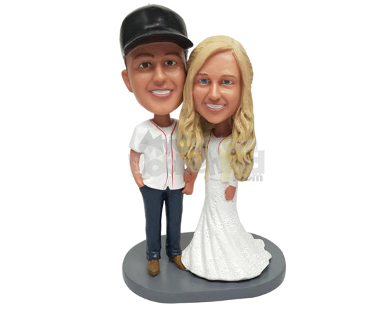 Custom Bobblehead Couple Wearing Casual And Comfortable Clothes - Wedding & Couples Couple Personalized Bobblehead & Cake Topper