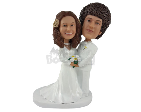 Custom Bobblehead Beautifully Dressed Couple With Both Holding Hands And Woman Wearing A Long Beautiful Gown - Wedding & Couples Bride & Groom Personalized Bobblehead & Cake Topper