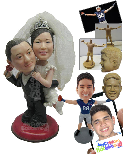 Groom Carrying Bride Wedding Couple in Bridal Attire Personalized Bobblehead