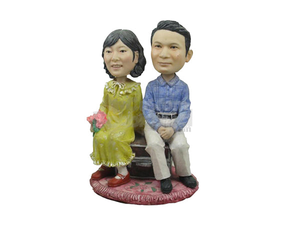 Custom Bobblehead Couple Sitting On Bench Wearing Formal Attire - Wedding & Couples Couple Personalized Bobblehead & Cake Topper