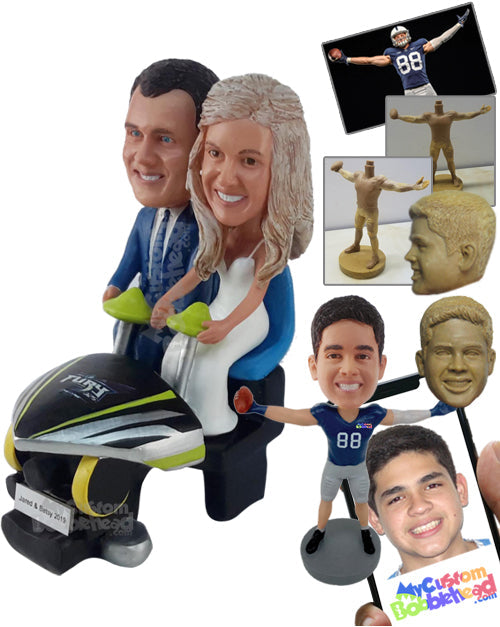 Wedding Couple Sitting on a Toy Ready to Blast Away Personalized Bobblehead