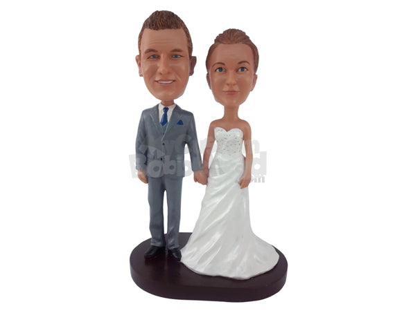 Custom Bobblehead Gorgeously Dressed Wedding Couple Holding Hands To Move Onto The Next Phase - Wedding & Couples Bride & Groom Personalized Bobblehead & Cake Topper